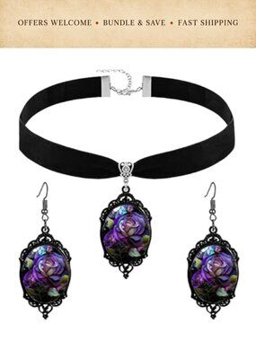 Gothic Black Velvet Choker Necklace Earrings Set Witch Crow Bat Glass Pendant